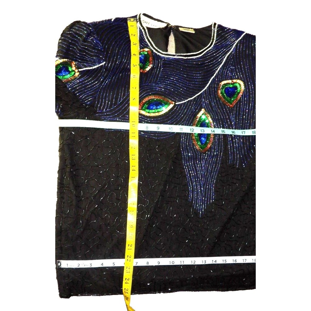 Night Vogue Sequined Beaded Top Shirt Mother of Bride Groom 100% Silk Peacock M - Picture 9 of 12